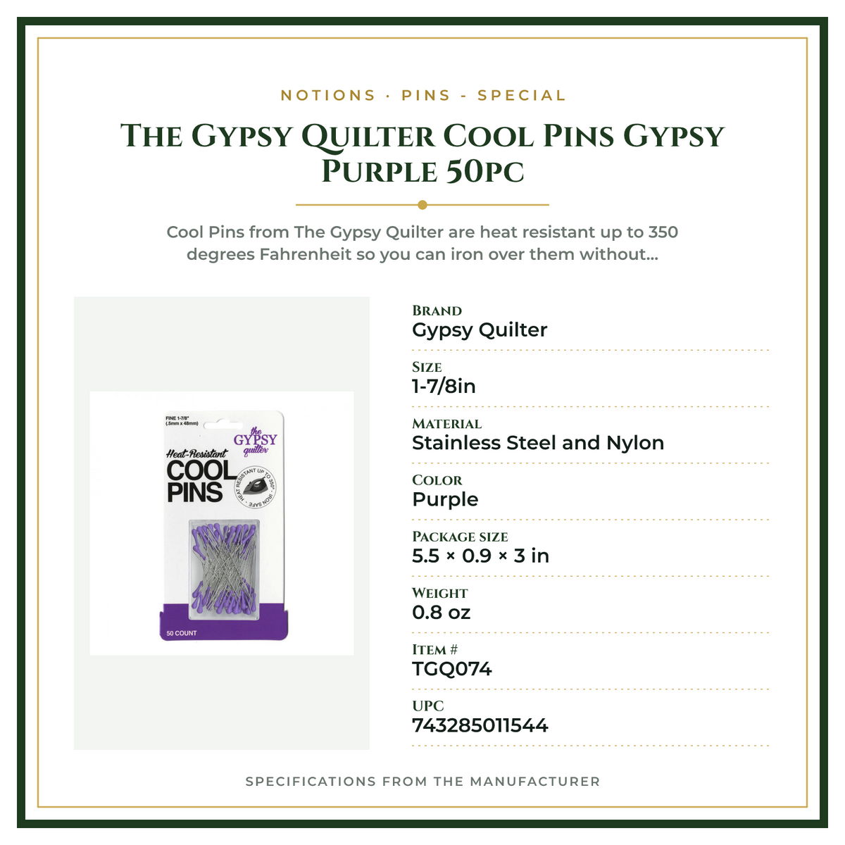 Product Specifications – The Gypsy Quilter Cool Pins Gypsy Purple  50pc