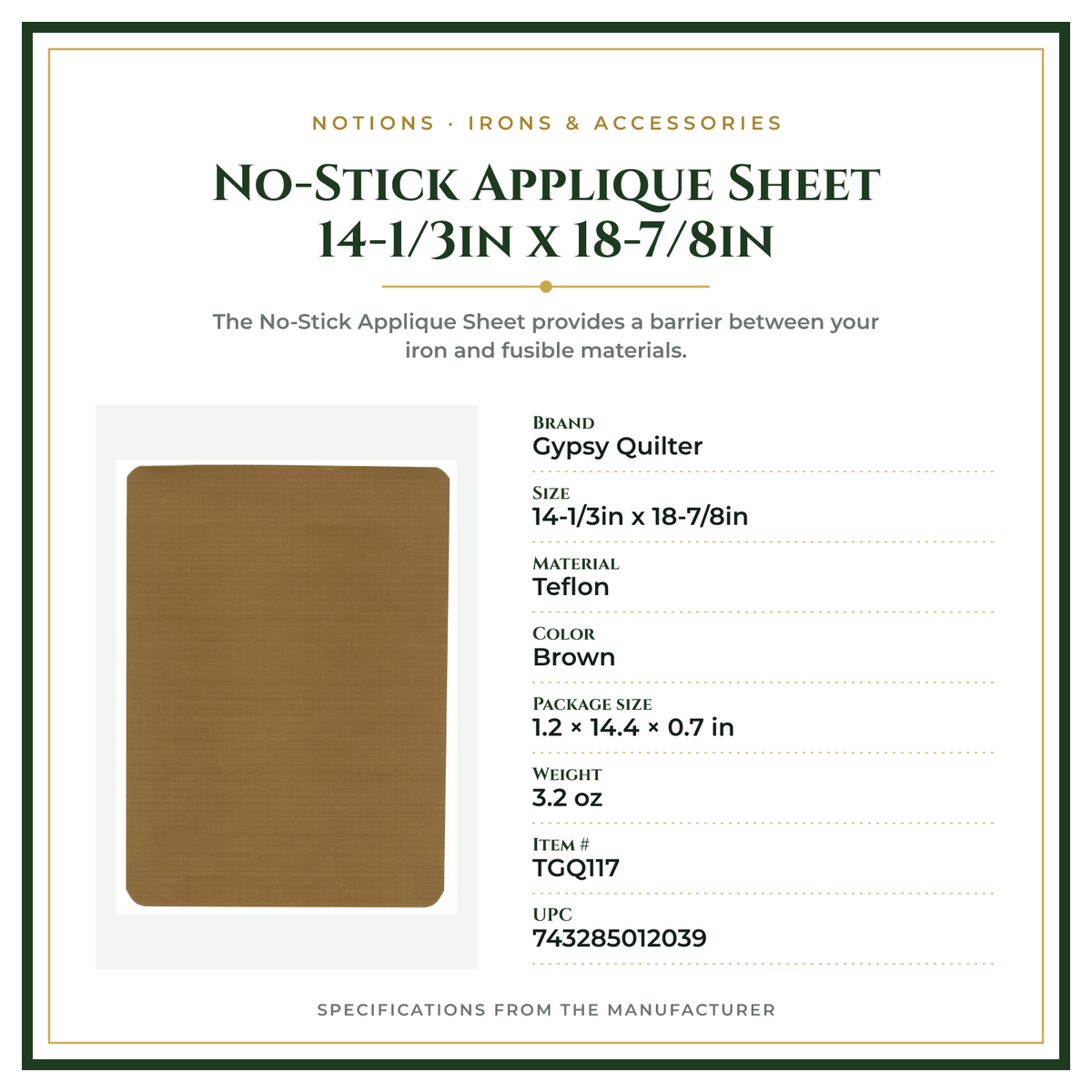 Product Specifications – No-Stick Applique Sheet 14-1/3in x 18-7/8in