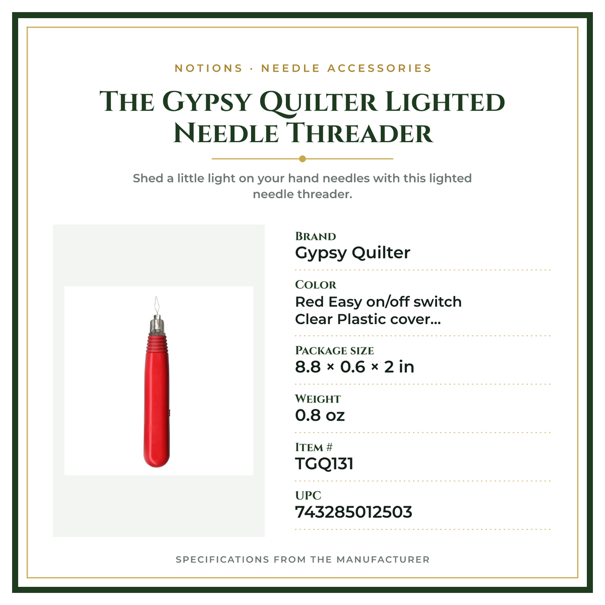 Product Specifications – The Gypsy Quilter Lighted Needle Threader