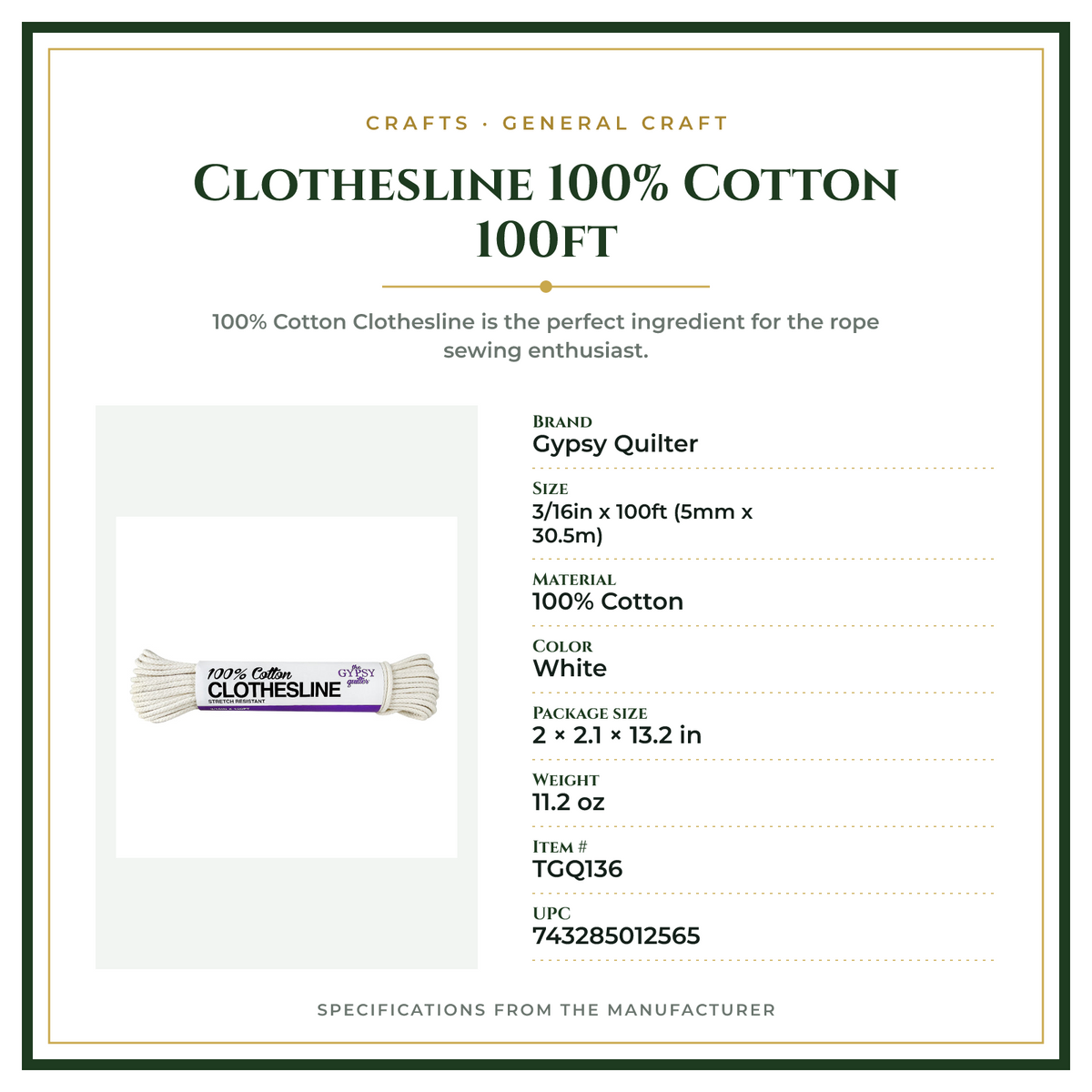 Product Specifications – Clothesline 100% Cotton 100ft