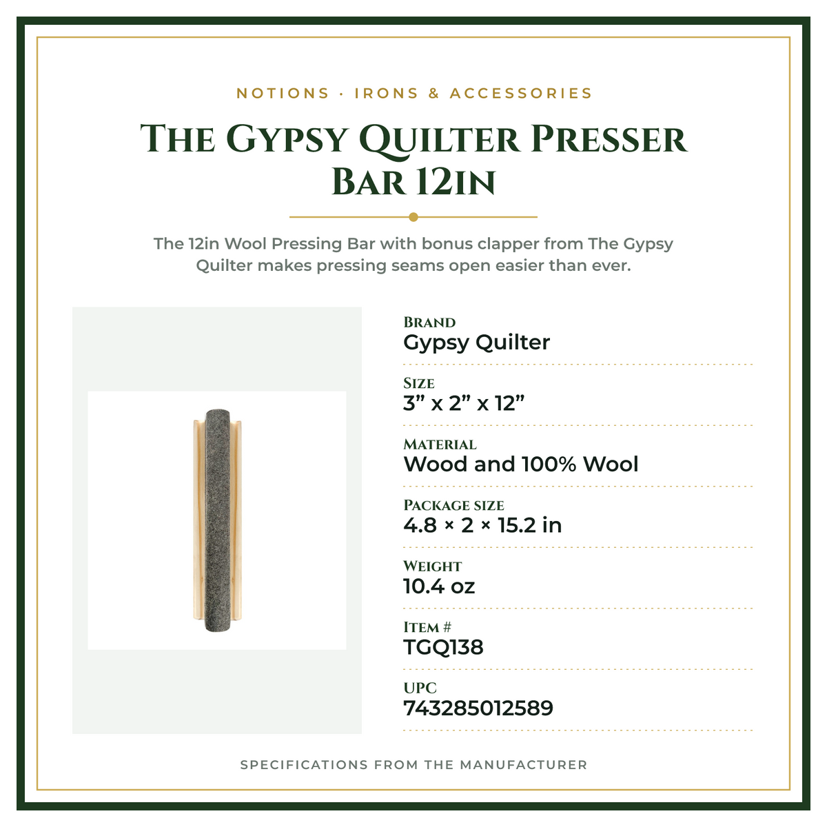 Product Specifications – The Gypsy Quilter Presser Bar 12in