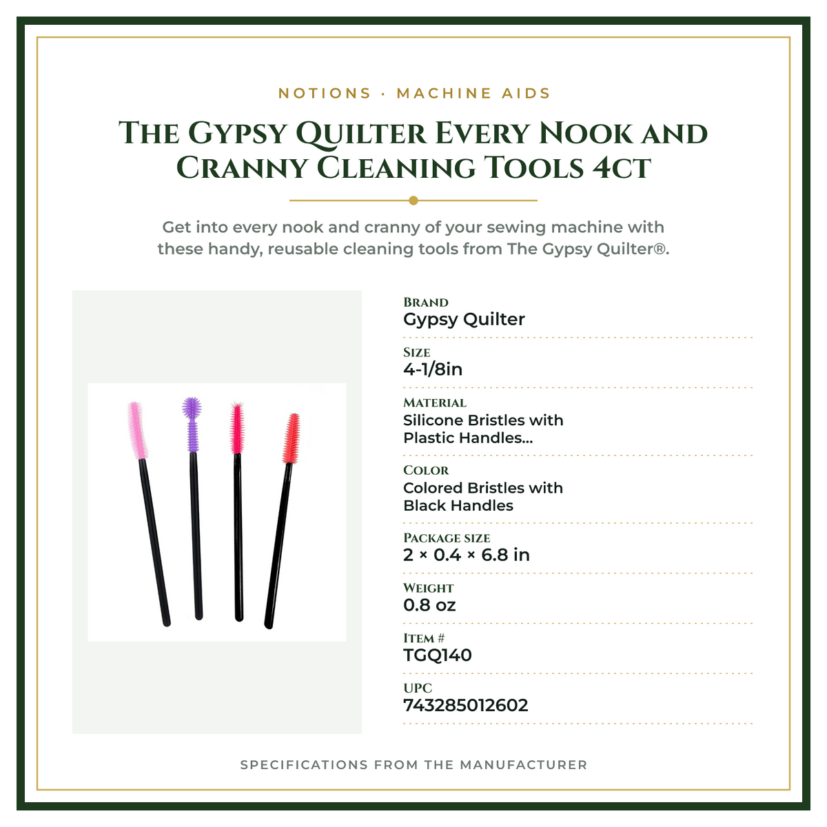 Product Specifications – The Gypsy Quilter Every Nook and Cranny Cleaning Tools 4ct