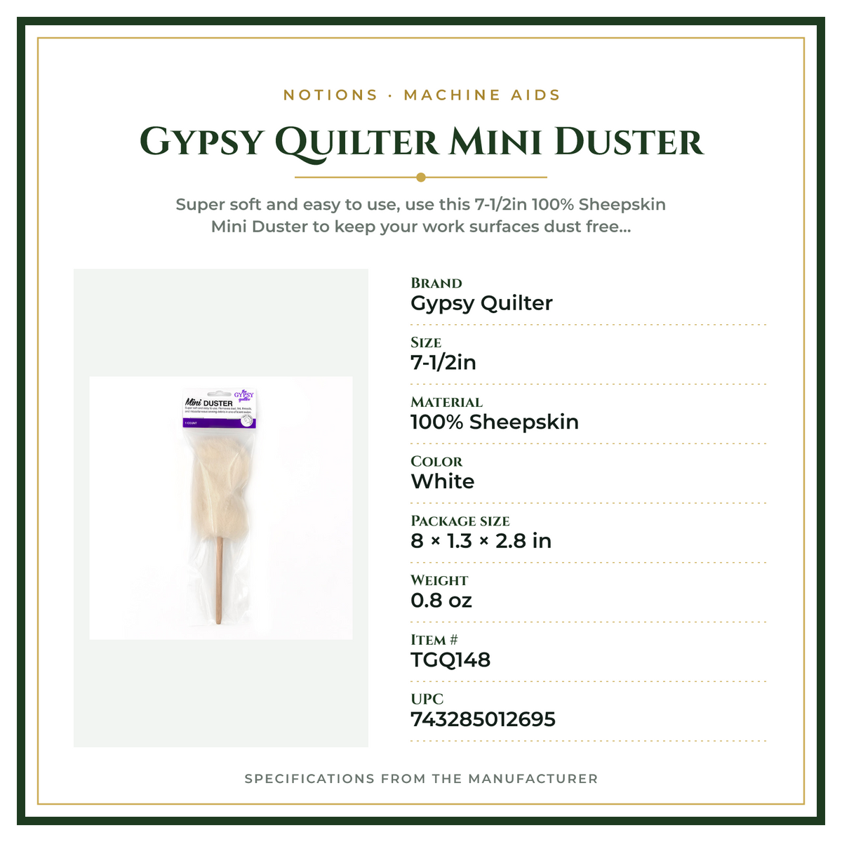 Product Specifications – Gypsy Quilter Mini Duster