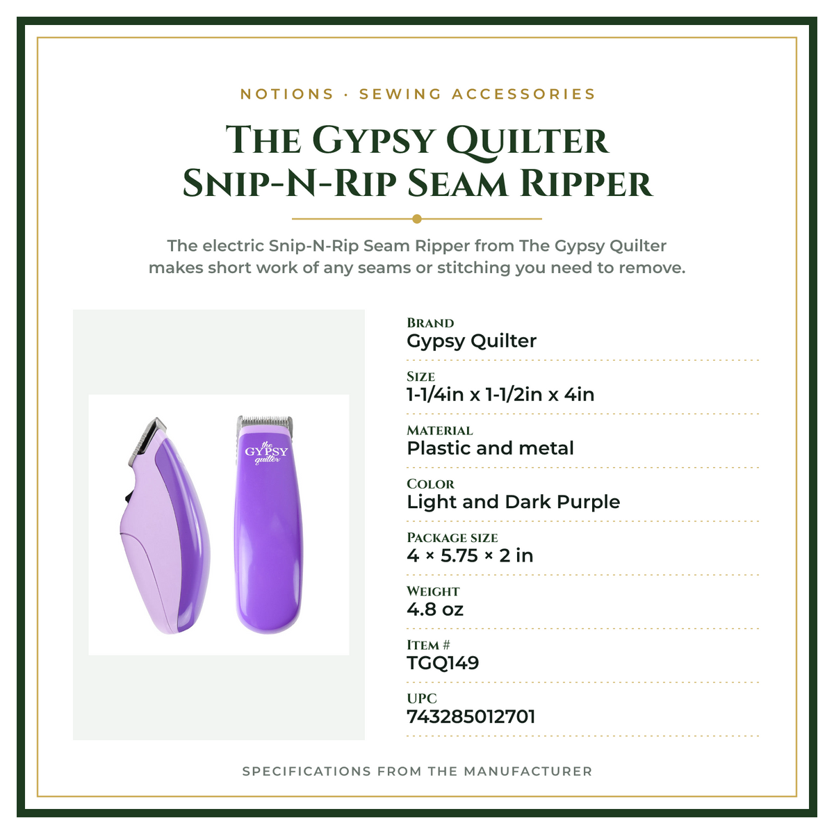 Product Specifications – The Gypsy Quilter Snip-N-Rip Seam Ripper