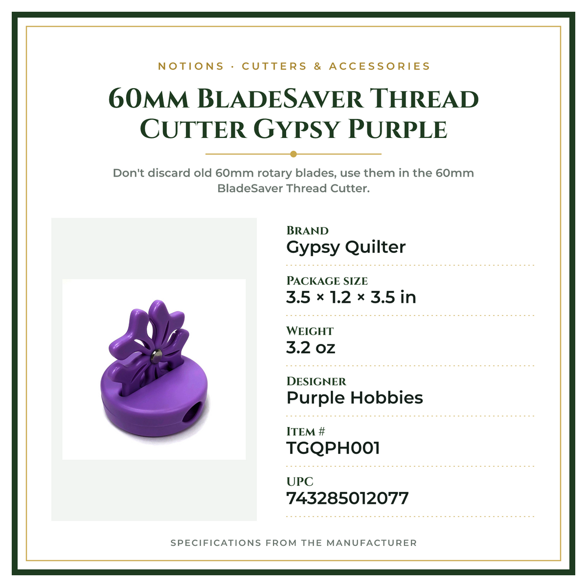 Product Specifications – 60mm BladeSaver Thread Cutter Gypsy Purple