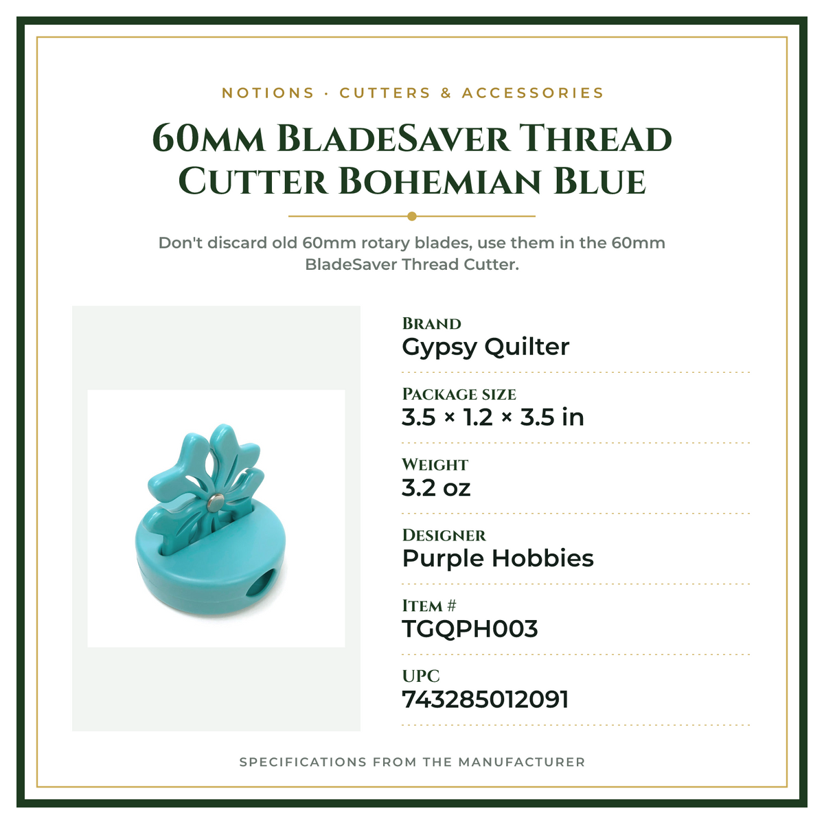 Product Specifications – 60mm BladeSaver Thread Cutter Bohemian Blue