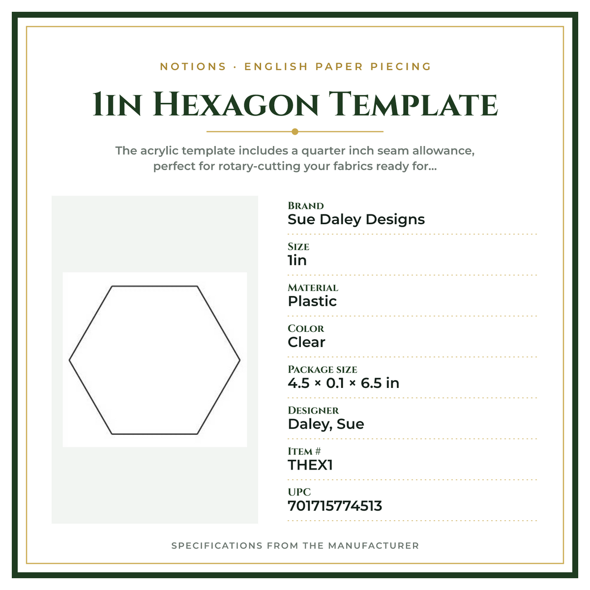 Product Specifications – 1in Hexagon Template