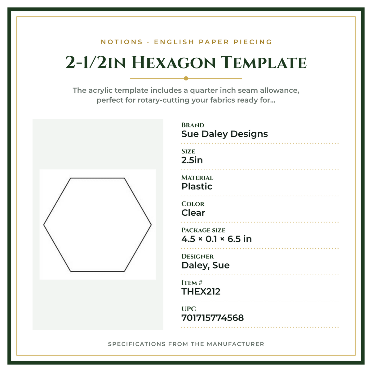 Product Specifications – 2-1/2in Hexagon Template