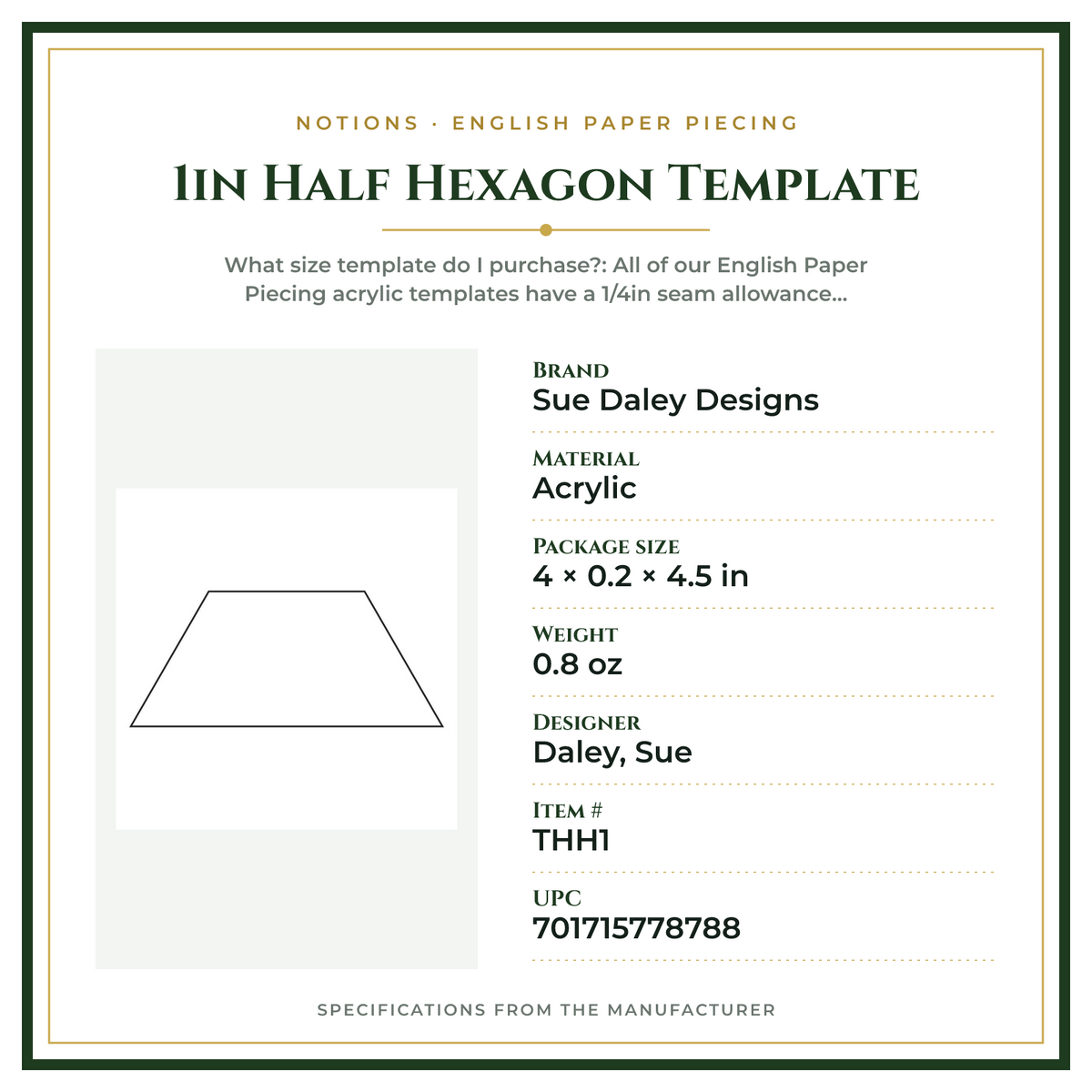 Product Specifications – 1in Half Hexagon Template