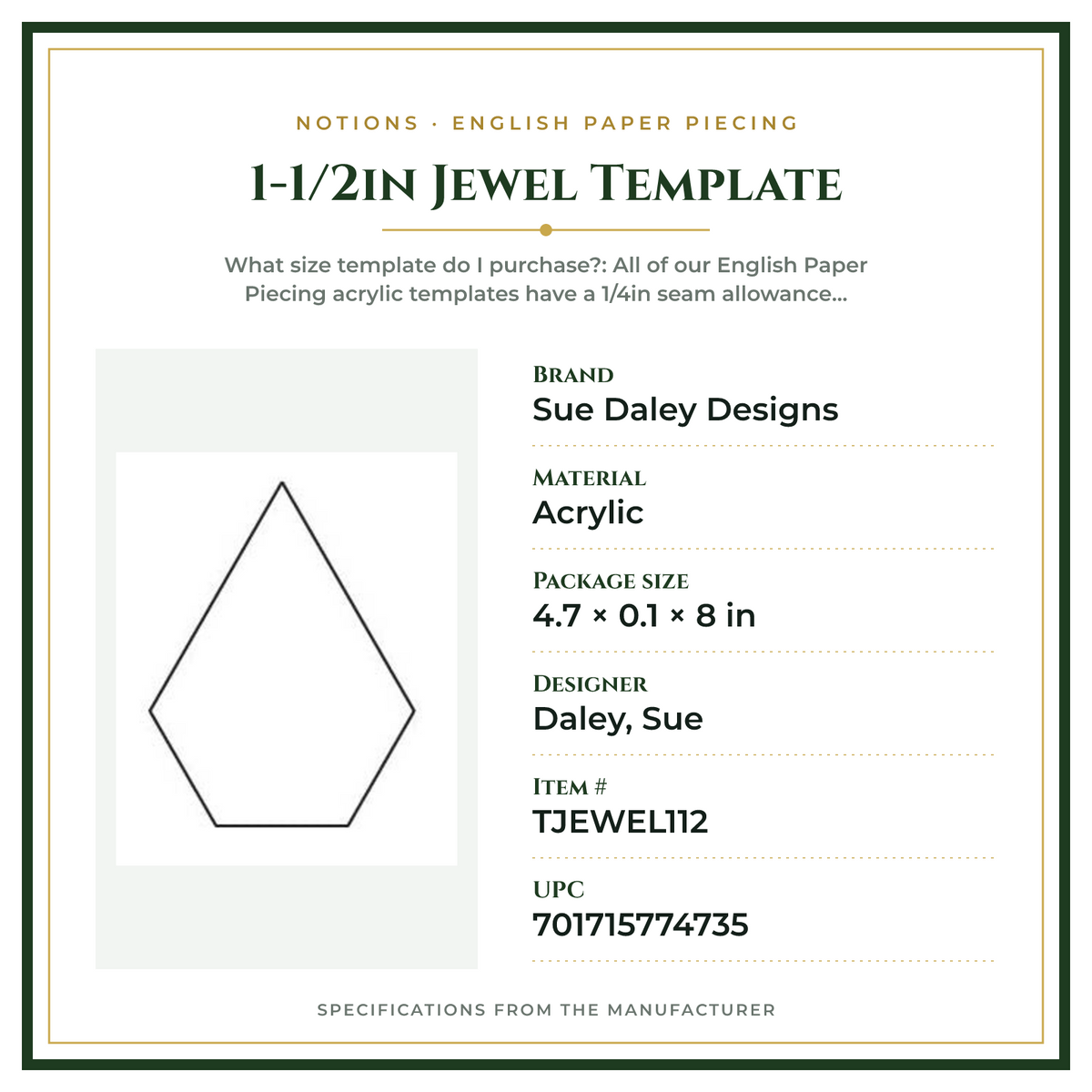 Product Specifications – 1-1/2in Jewel Template