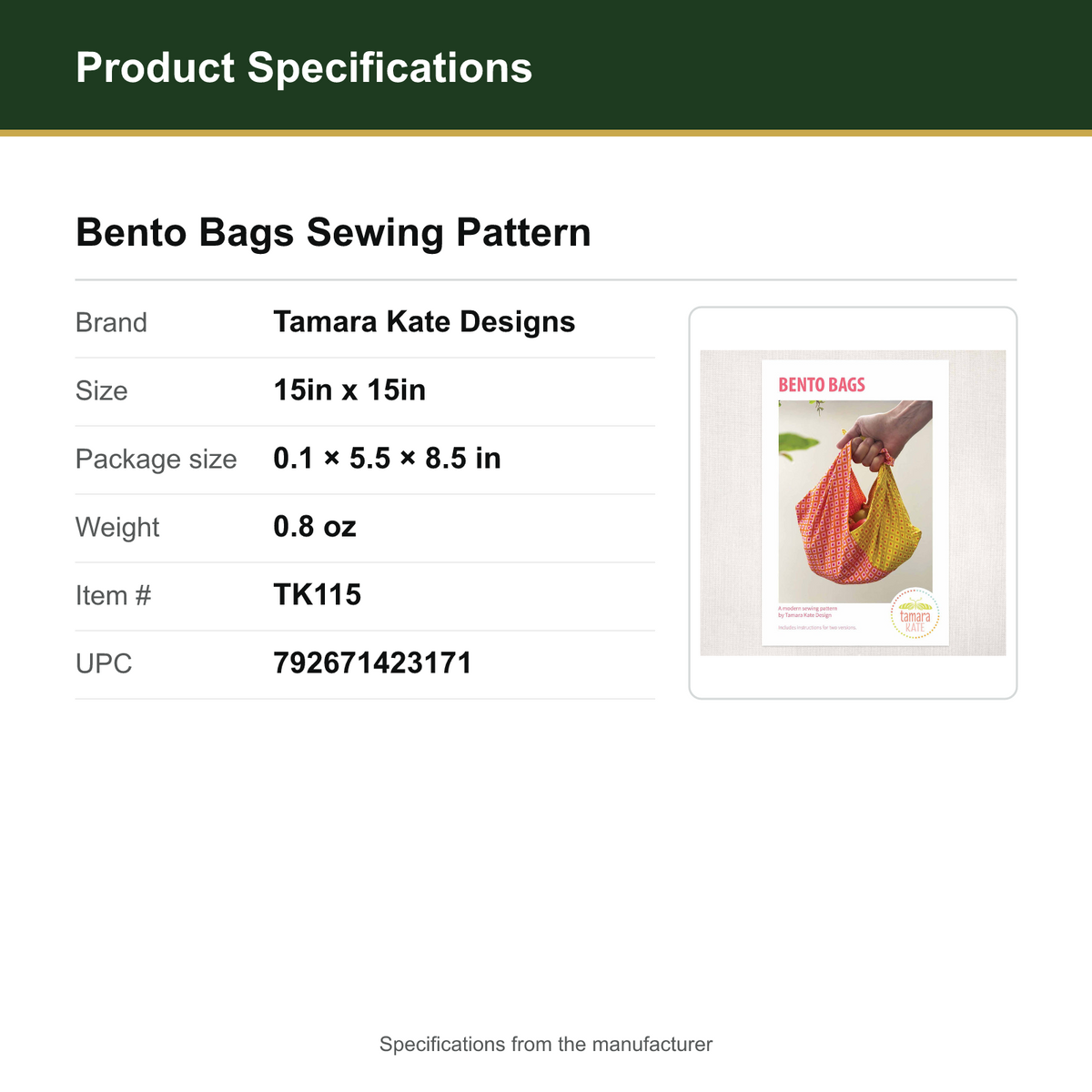 Product Specifications – Bento Bags Sewing Pattern