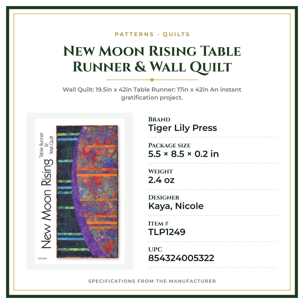 Product Specifications – New Moon Rising Table Runner & Wall Quilt