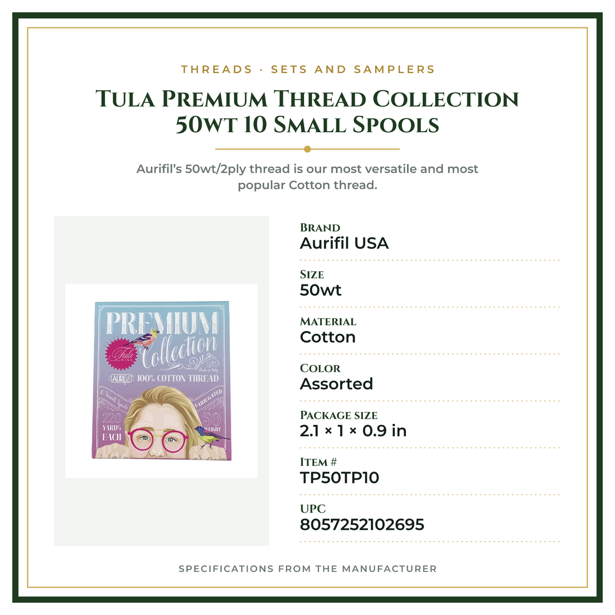 Product Specifications – Tula Premium Thread Collection 50wt 10 Small Spools