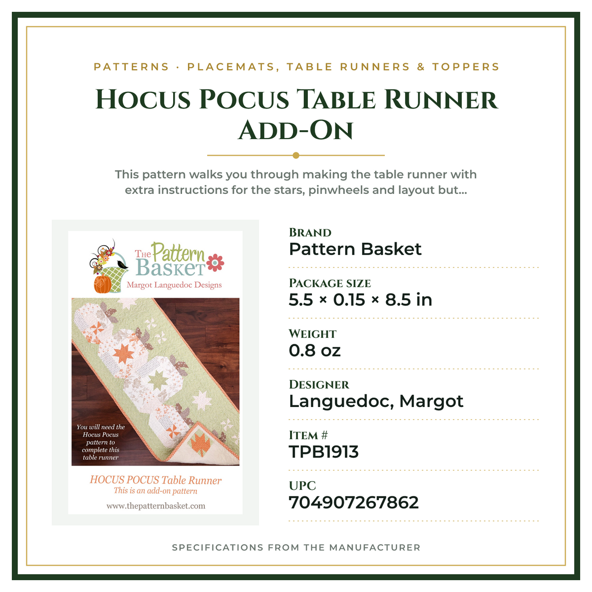 Product Specifications – Hocus Pocus Table Runner Add-On