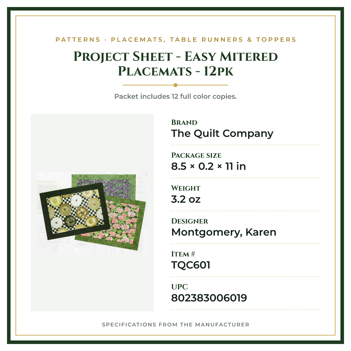 Product Specifications – Project Sheet - Easy Mitered Placemats - 12pk