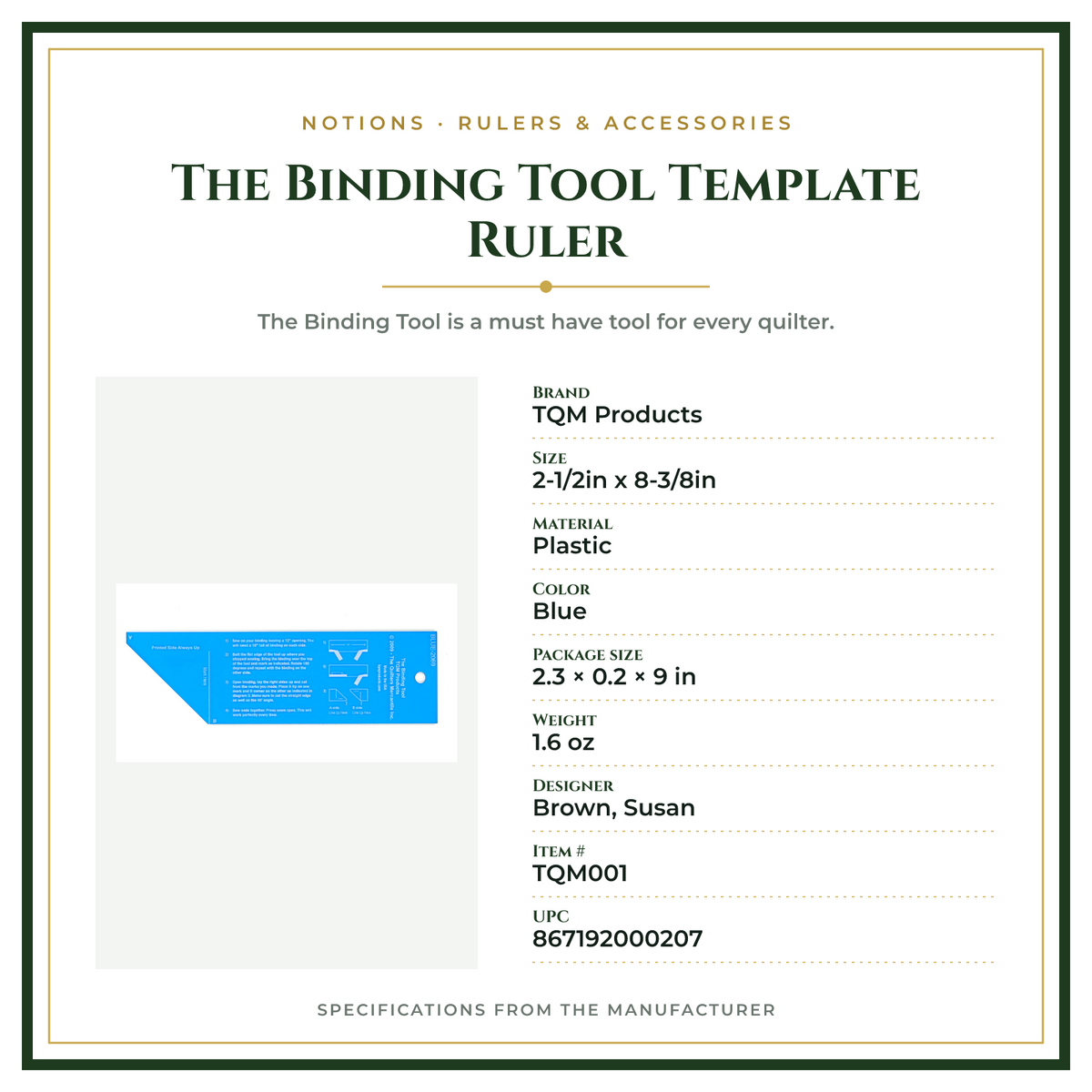 Product Specifications – The Binding Tool Template Ruler