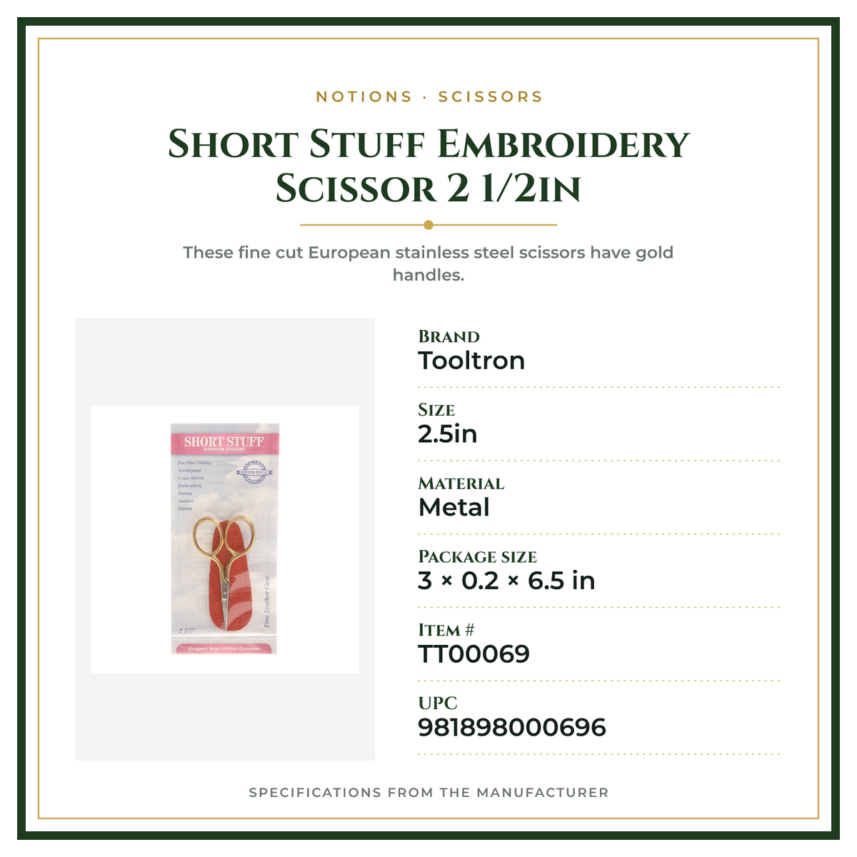 Product Specifications – Short Stuff Embroidery Scissor 2 1/2in