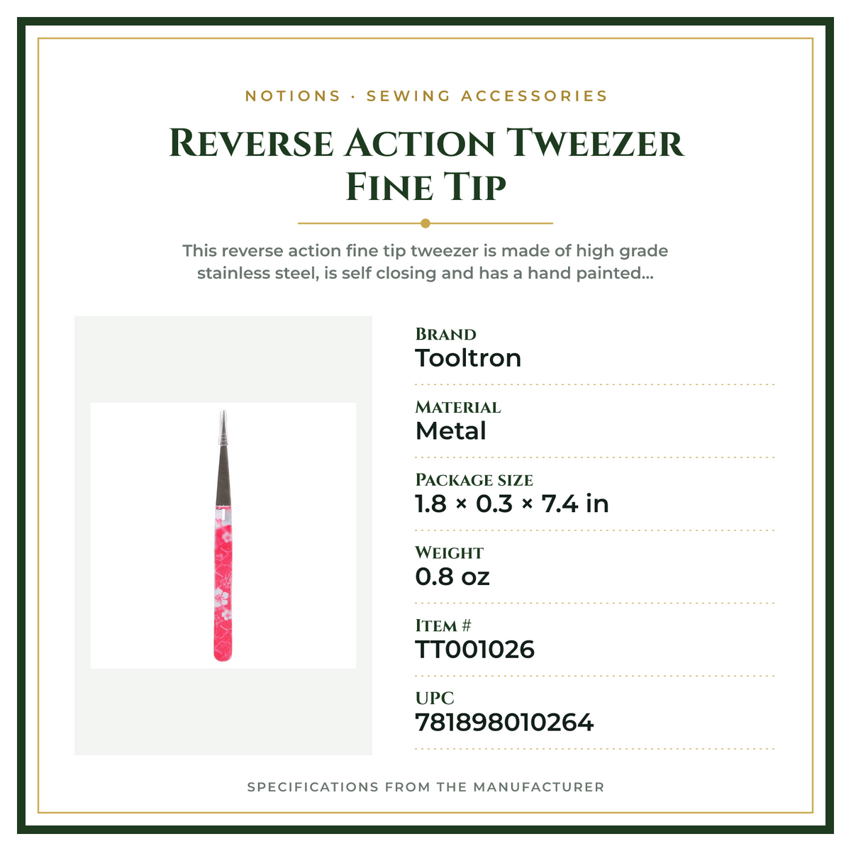 Product Specifications – Reverse Action Tweezer Fine Tip