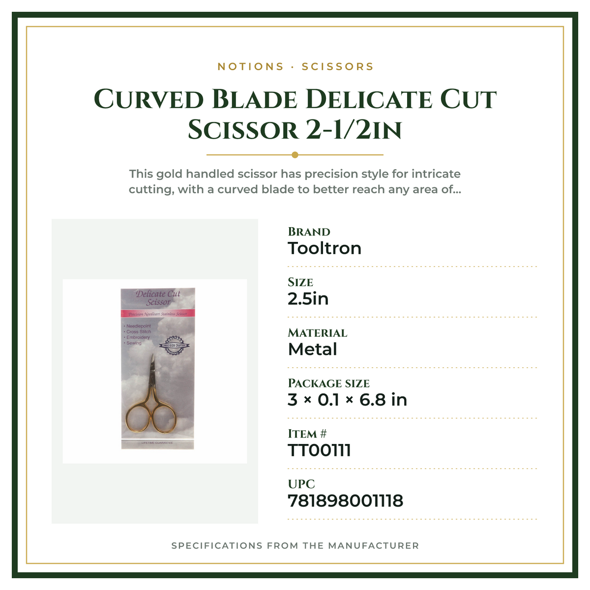 Product Specifications – Curved Blade Delicate Cut Scissor 2-1/2in