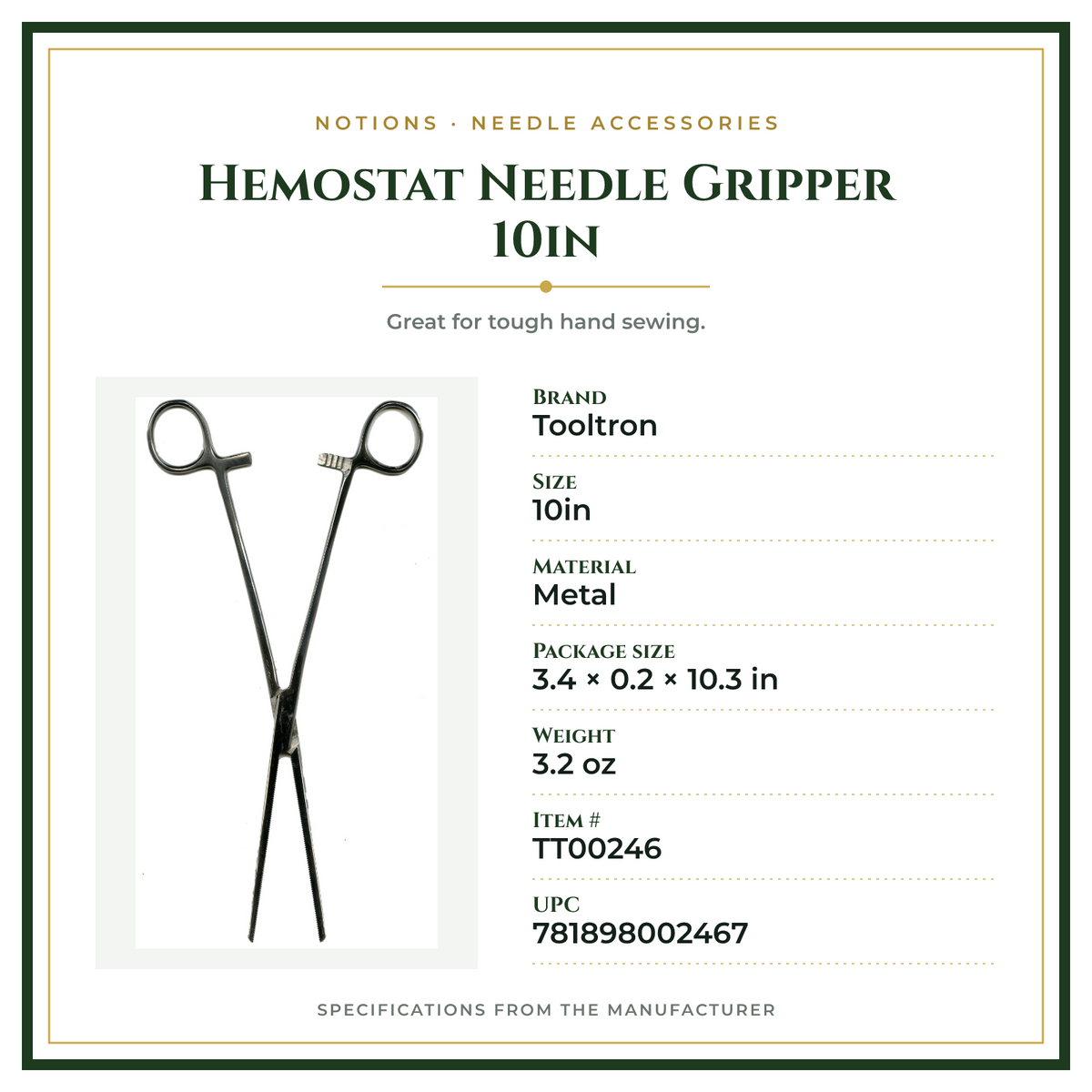 Product Specifications – Hemostat Needle Gripper 10in