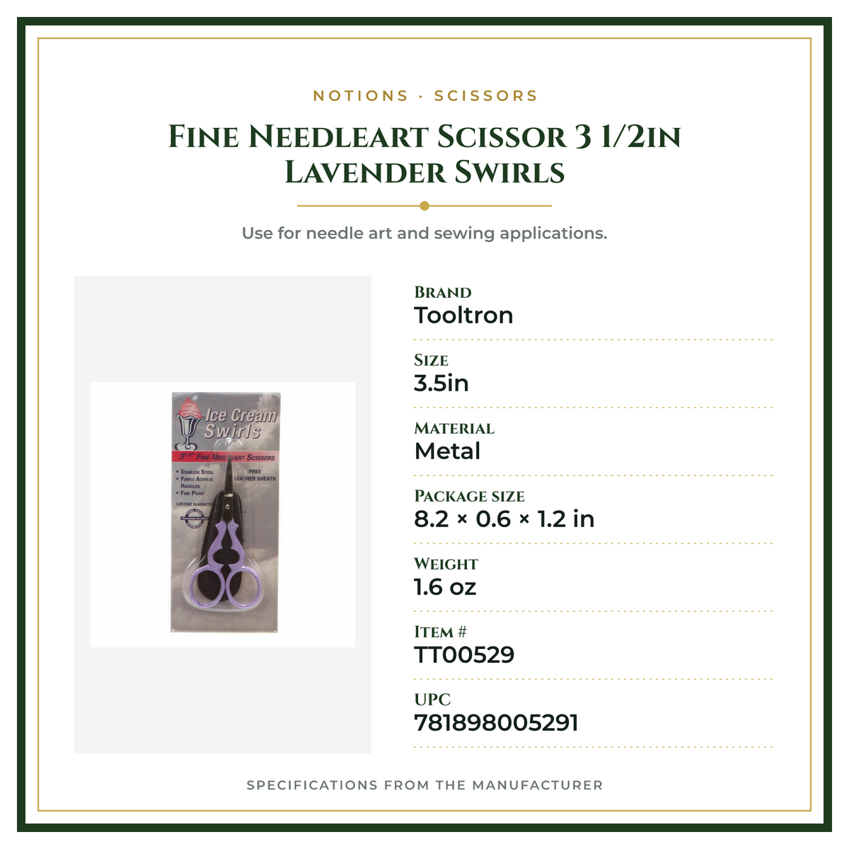 Product Specifications – Fine Needleart Scissor 3 1/2in Lavender Swirls
