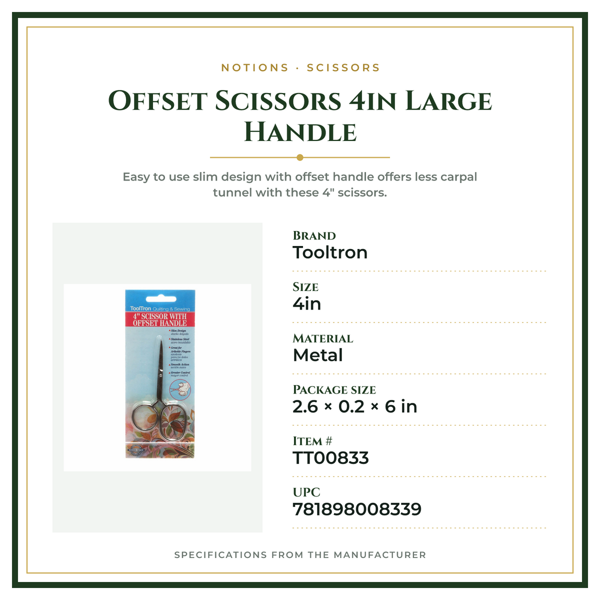 Product Specifications – Offset Scissors 4in Large Handle