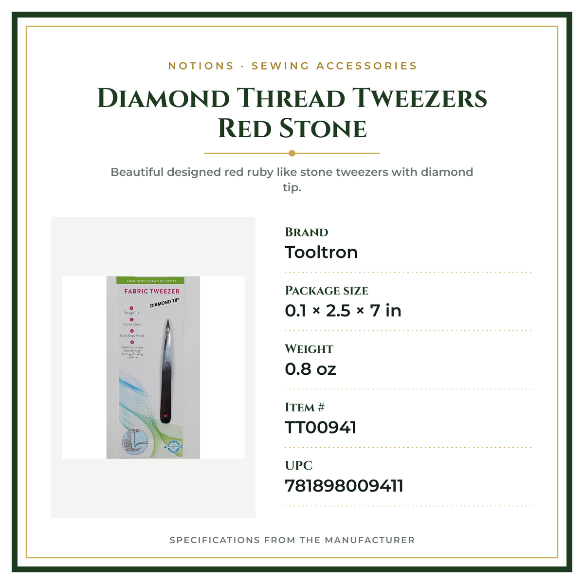 Product Specifications – Diamond Thread Tweezers Red Stone