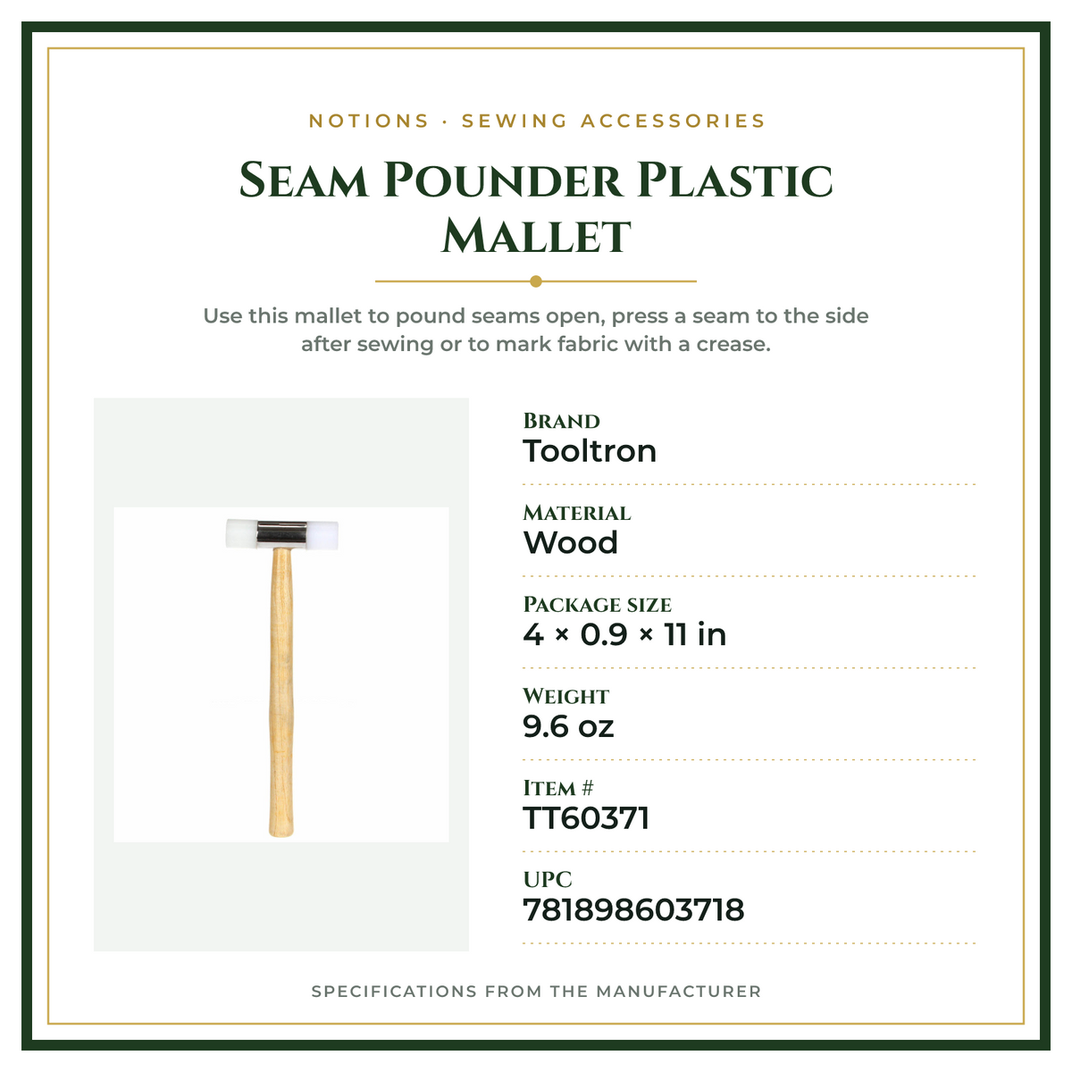 Product Specifications – Seam Pounder Plastic Mallet