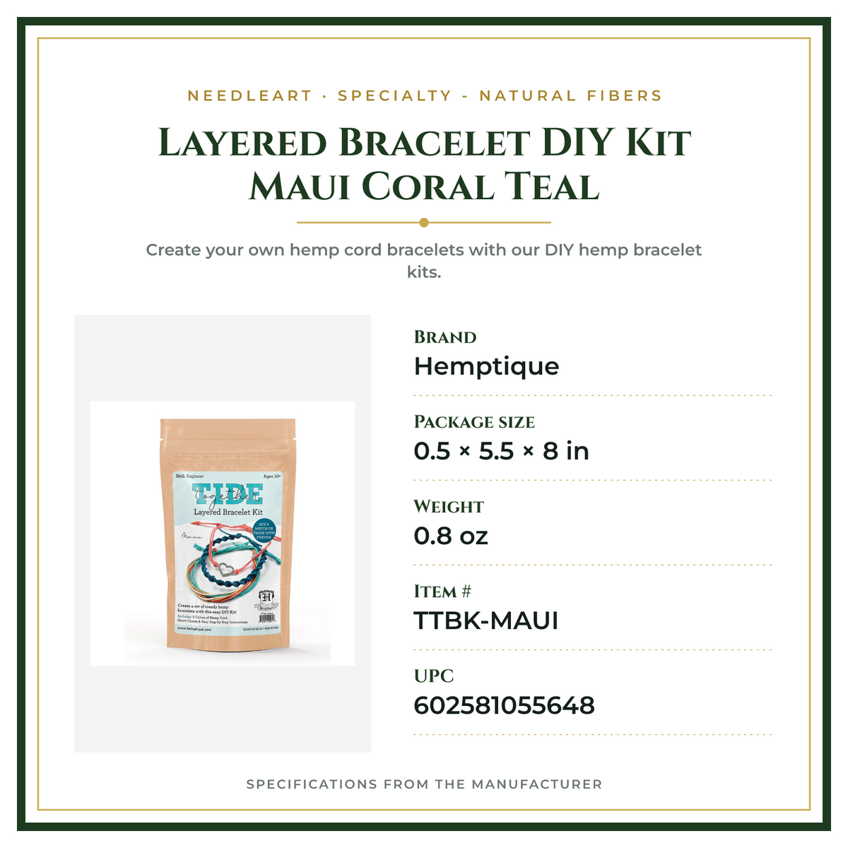 Product Specifications – Layered Bracelet DIY Kit Maui Coral Teal