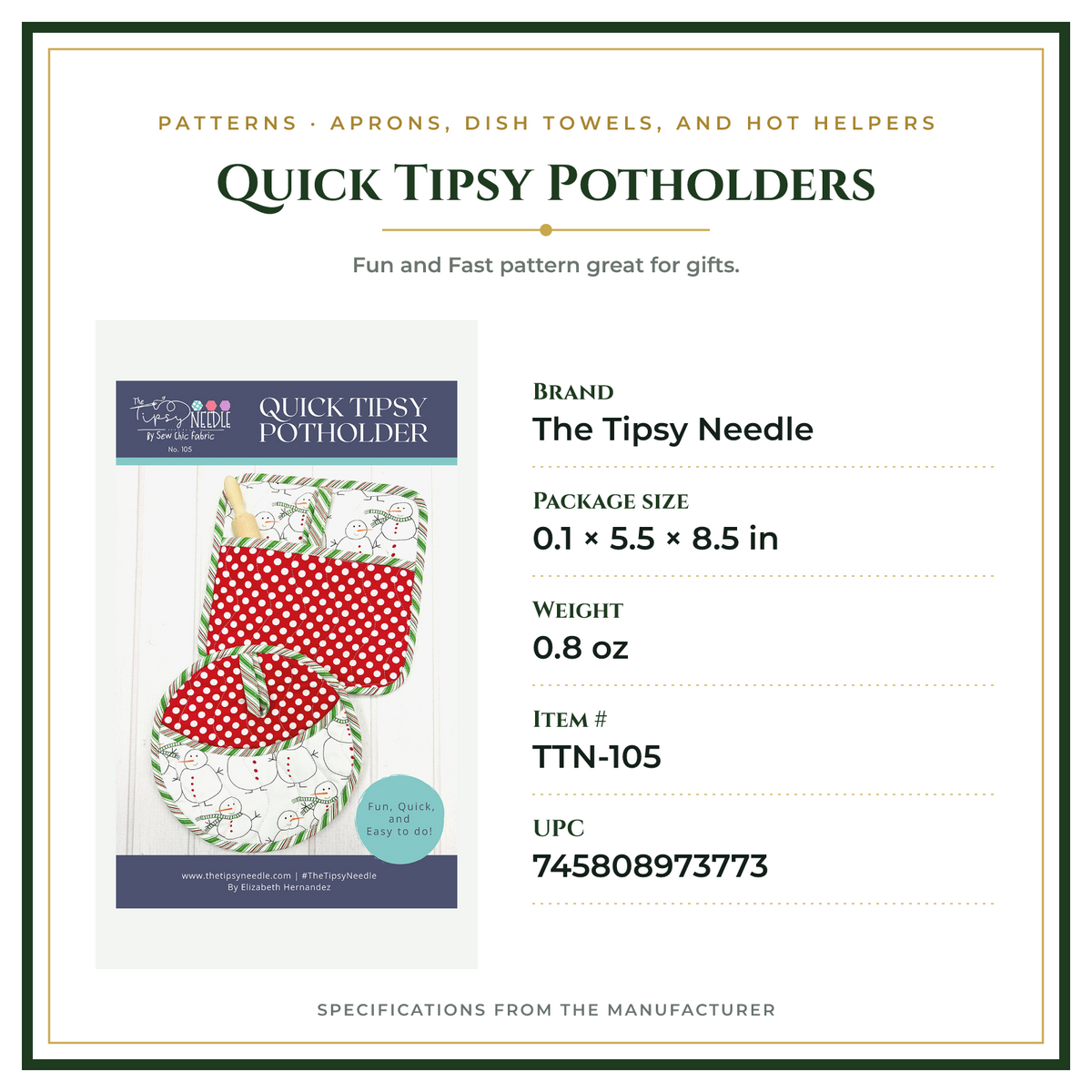 Product Specifications – Quick Tipsy Potholders