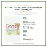 Product Specifications – Batting Tuscany Unbleached Cotton 96in x 108in Queen
