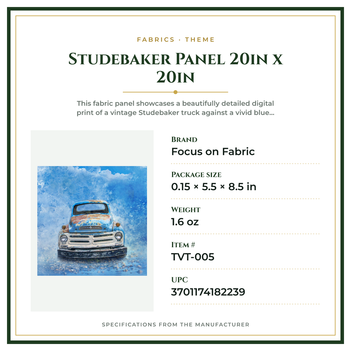 Product Specifications – Studebaker Panel 20in x 20in