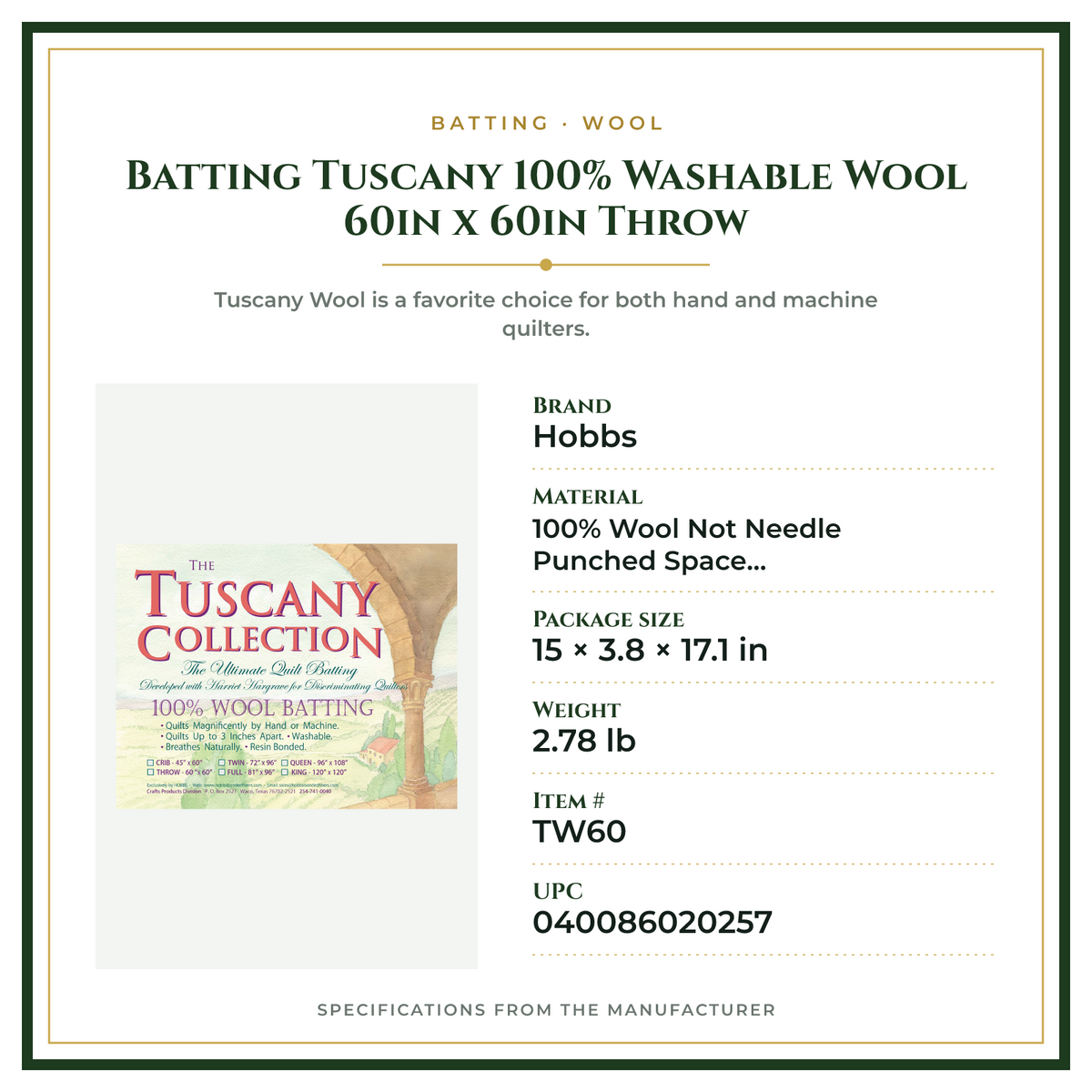 Product Specifications – Batting Tuscany 100% Washable Wool 60in x 60in Throw