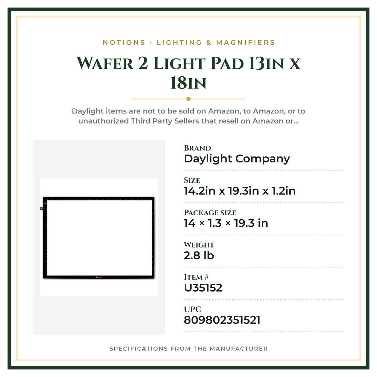 Product Specifications – Wafer 2 Light Pad 13in x 18in