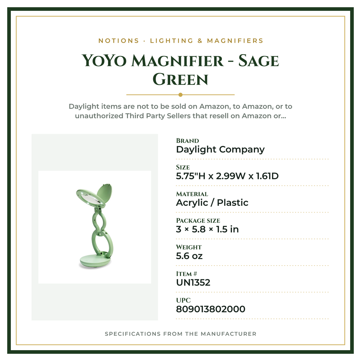 Product Specifications – YoYo Magnifier - Sage Green