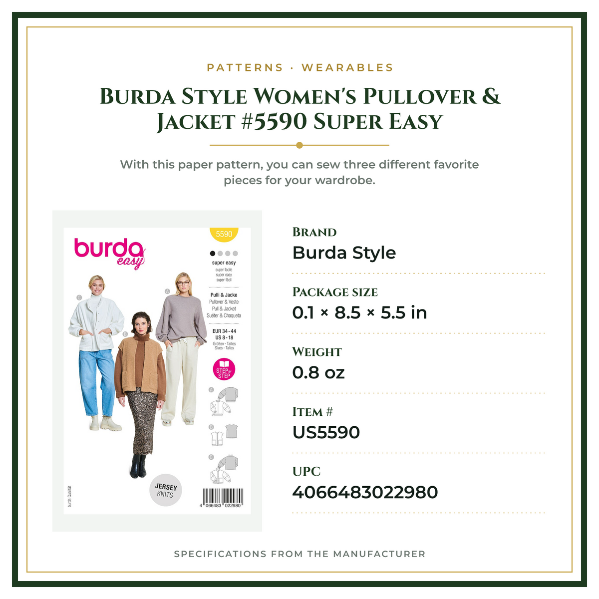 Product Specifications – Burda Style Women's Pullover & Jacket #5590 Super Easy