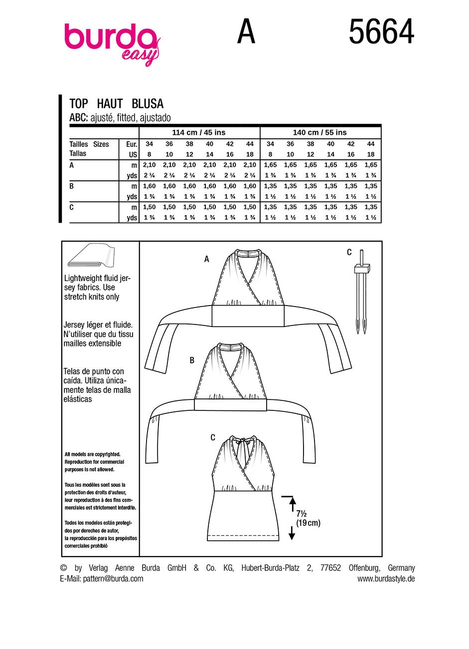 Burda Style Women's Jersey Tops #5664 Super Easy