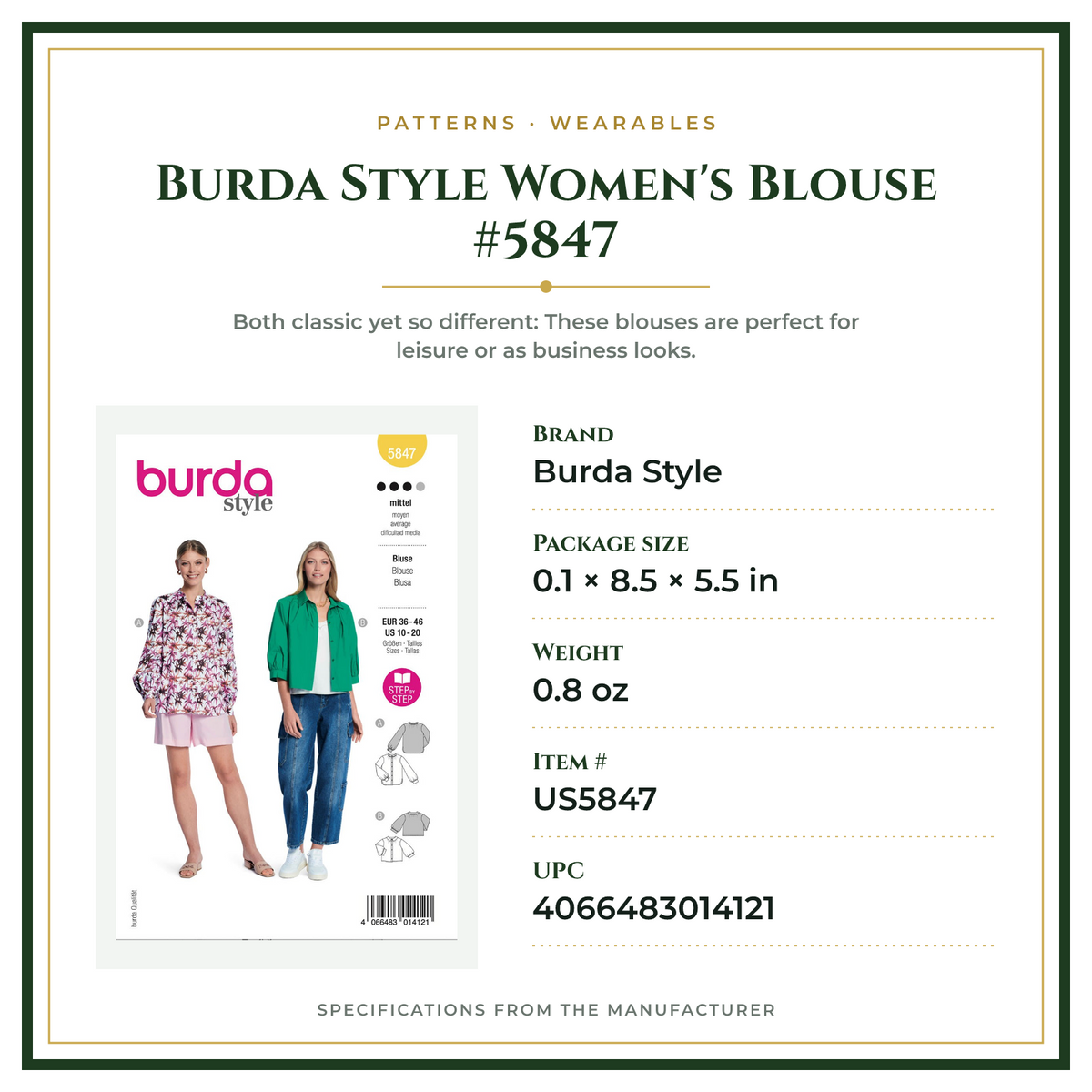 Product Specifications – Burda Style Women's Blouse #5847