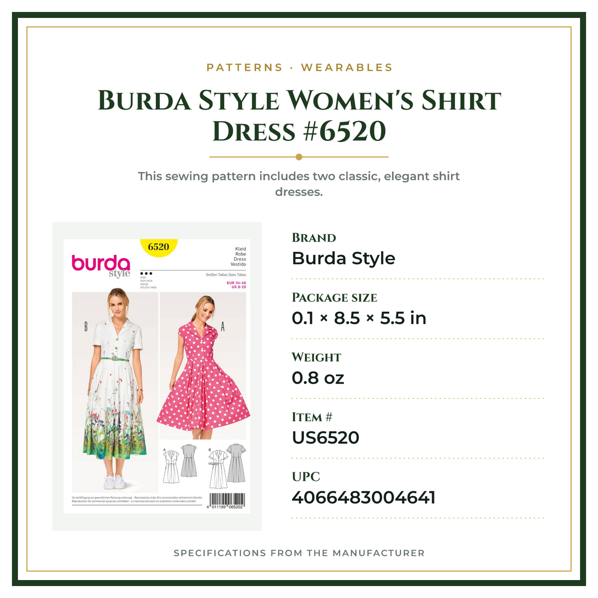 Product Specifications – Burda Style Women's Shirt Dress #6520