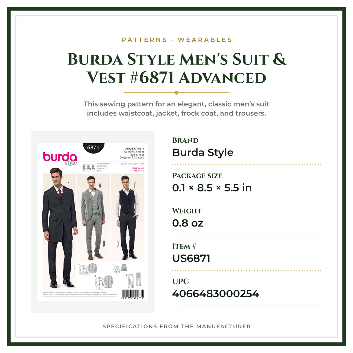 Product Specifications – Burda Style Men's Suit & Vest #6871 Advanced