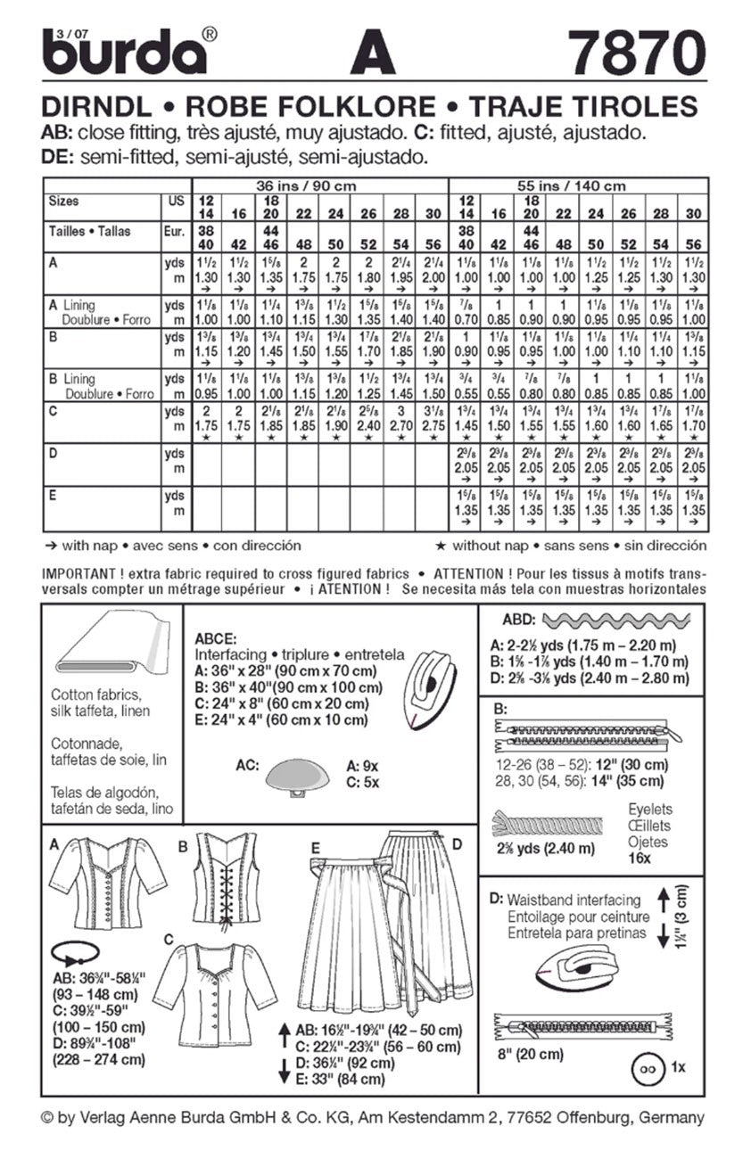 Burda Style Women's Traditional German "Dirndl" Dress #7870