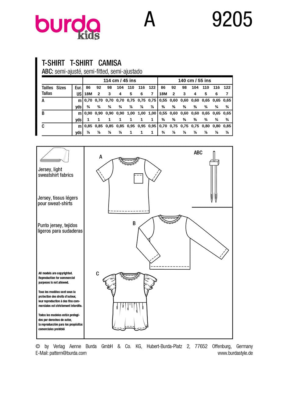 Burda Style Kid's T-Shirt for Jersey Knits #9205 Super Easy