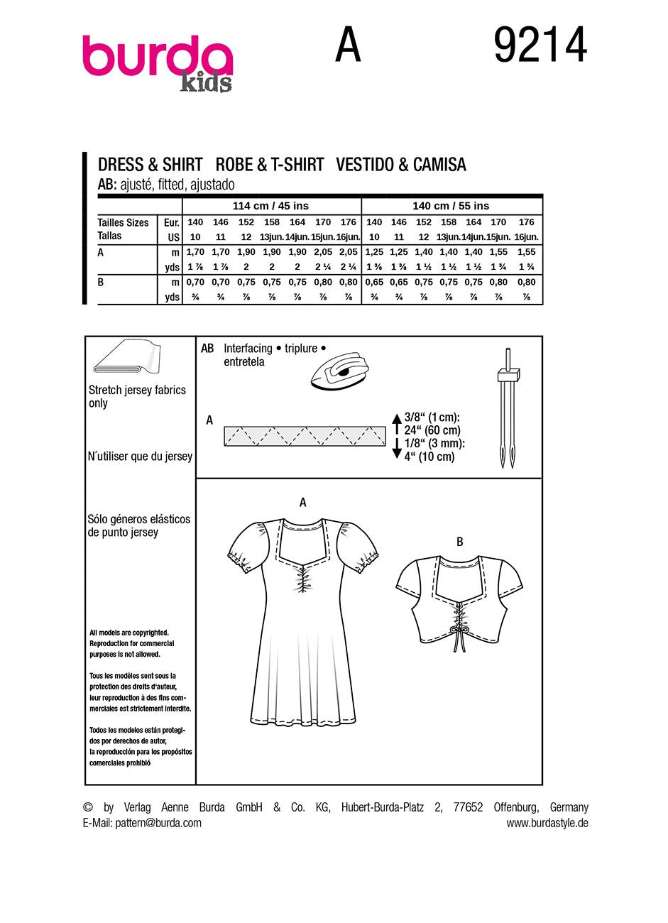 Burda Style Teens Dress & Top for Jersey Knits #9214 Easy