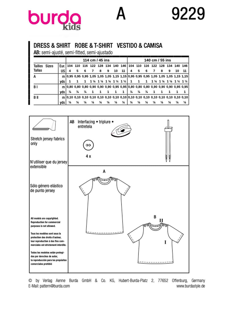 Burda Style Kid's Dress & Shirt for Jersey Knits #9229 Easy