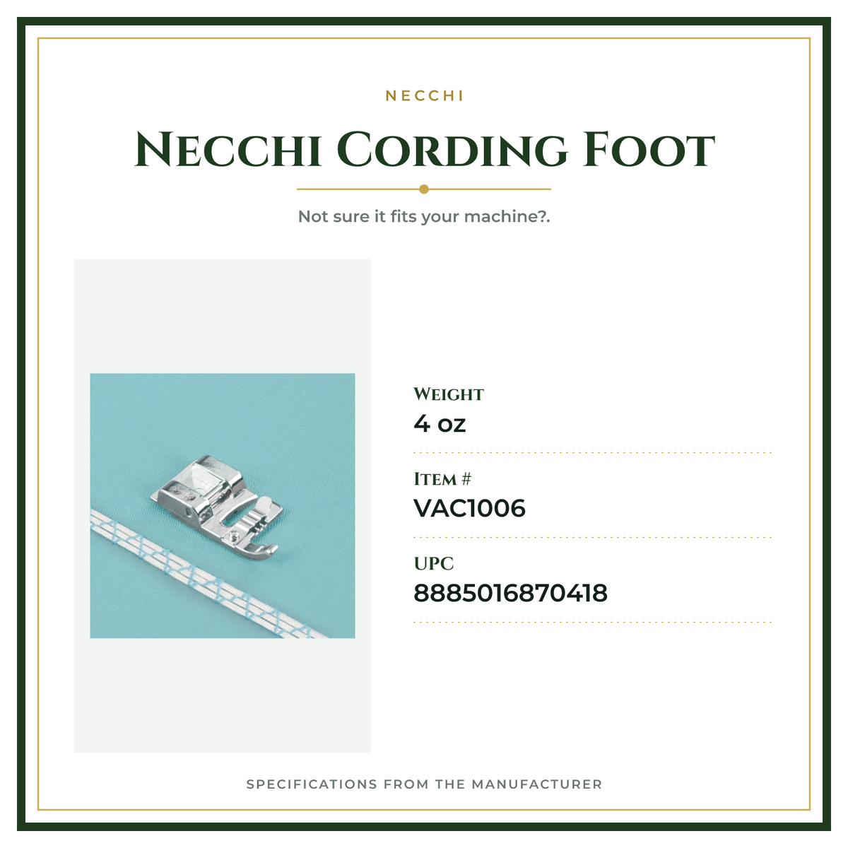 Product Specifications – Necchi Cording Foot