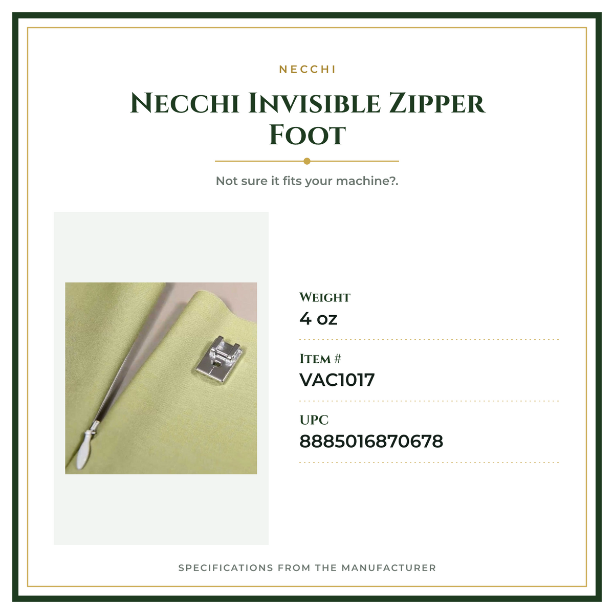 Product Specifications – Necchi Invisible Zipper Foot