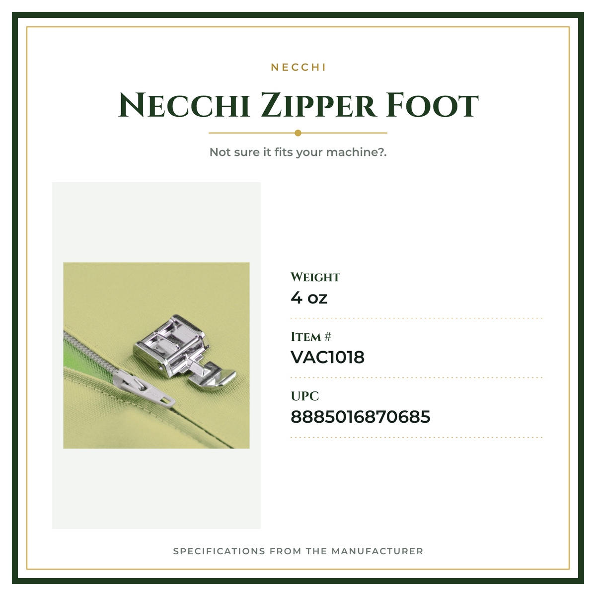 Product Specifications – Necchi Zipper Foot
