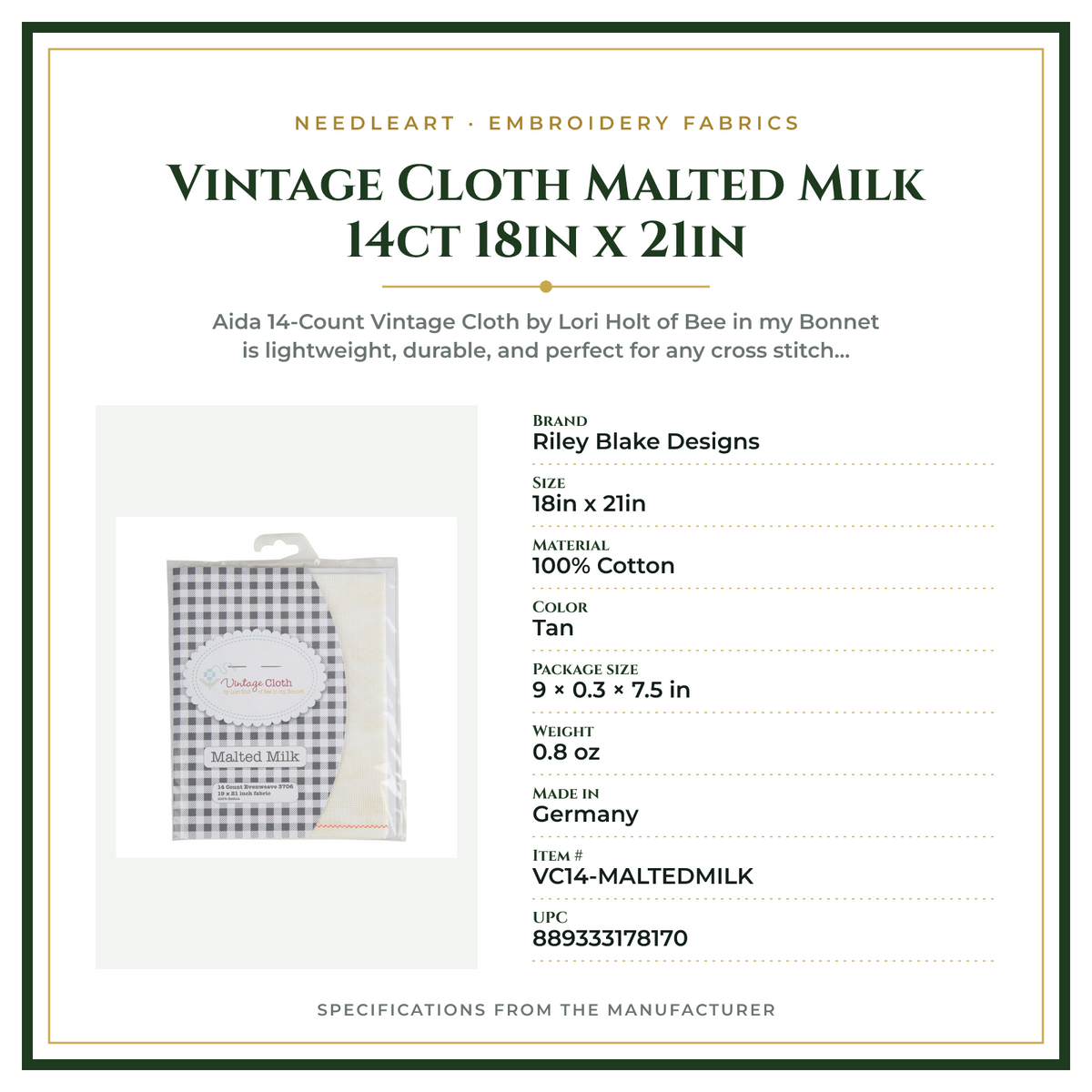 Product Specifications – Vintage Cloth Malted Milk 14ct 18in x 21in