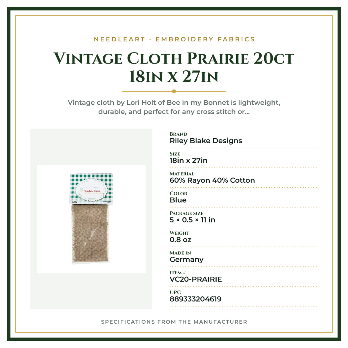 Product Specifications – Vintage Cloth Prairie 20ct 18in x 27in