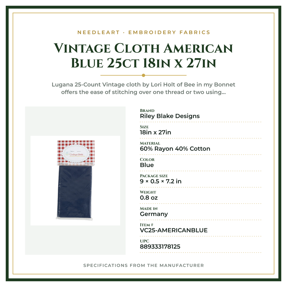 Product Specifications – Vintage Cloth American Blue 25ct 18in x 27in